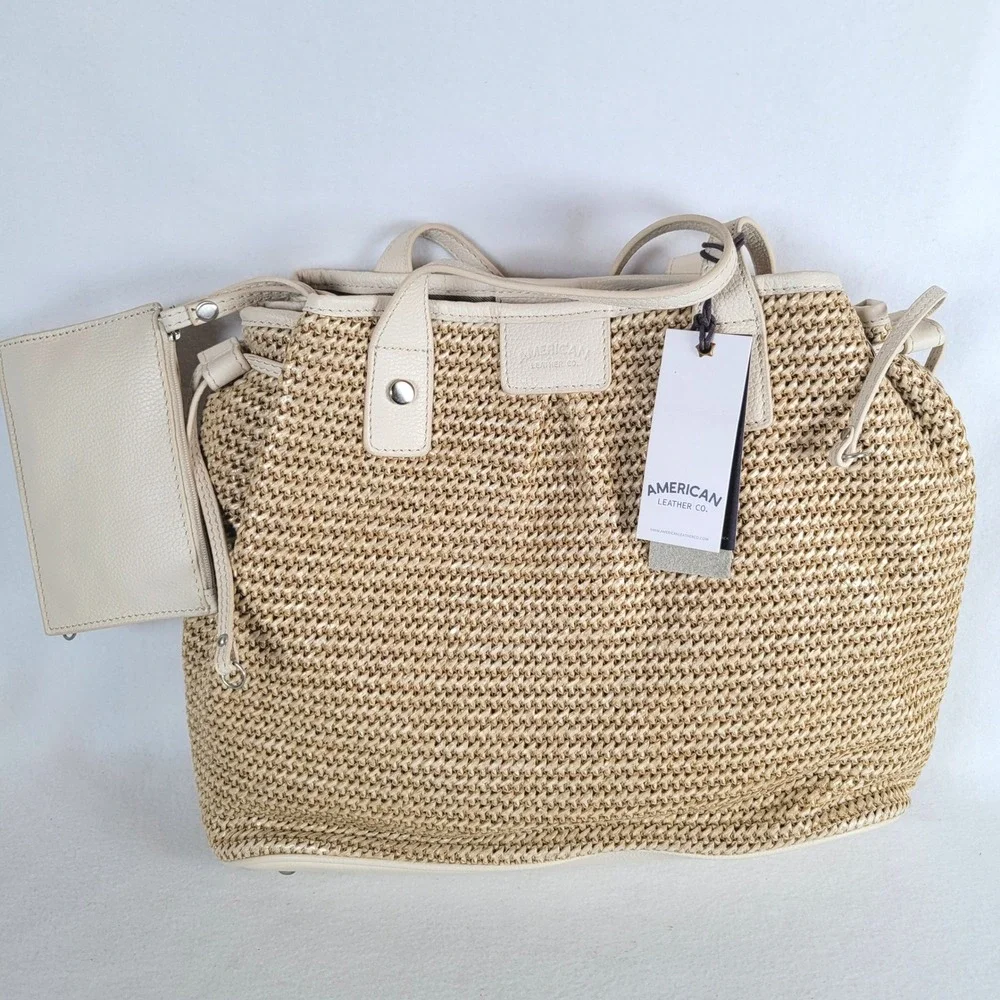 American Leather Co Womens Briar Triple Tote Bag Raffia Leather Large Clay Beige